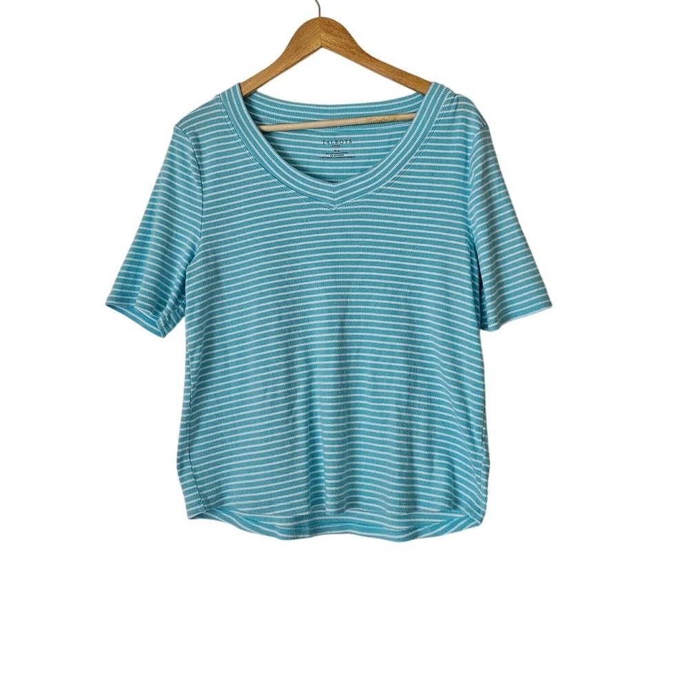Talbots Petite Aqua White Stripe V-Neck Top XL Petite Cotton Blend Coastal